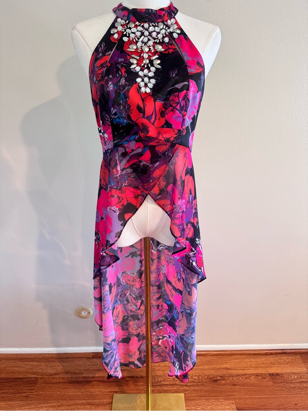 Bebe 2010s Embellished Floral Halter High Low Dress M